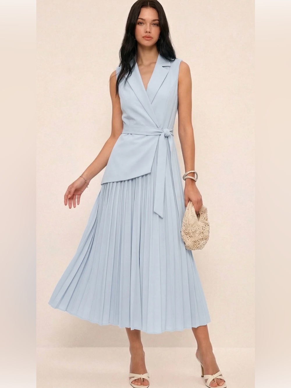 #307 Sleeveless Belted Pleated Blazer Dress in Light Blue